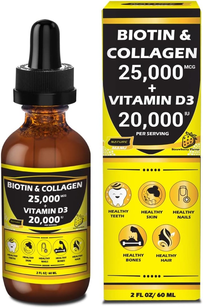 Nature Manu-Premium 25.000mcg Liquid Biotin & Collagen+20,000iu Vitamin D3 All-in-one Wellness Daily Drops. Unterstützt gesunde Haut, stärkere Nägel, Haarwachstum. Leckere Erdbeeren Flavor - 2 FL OZ/60 ML