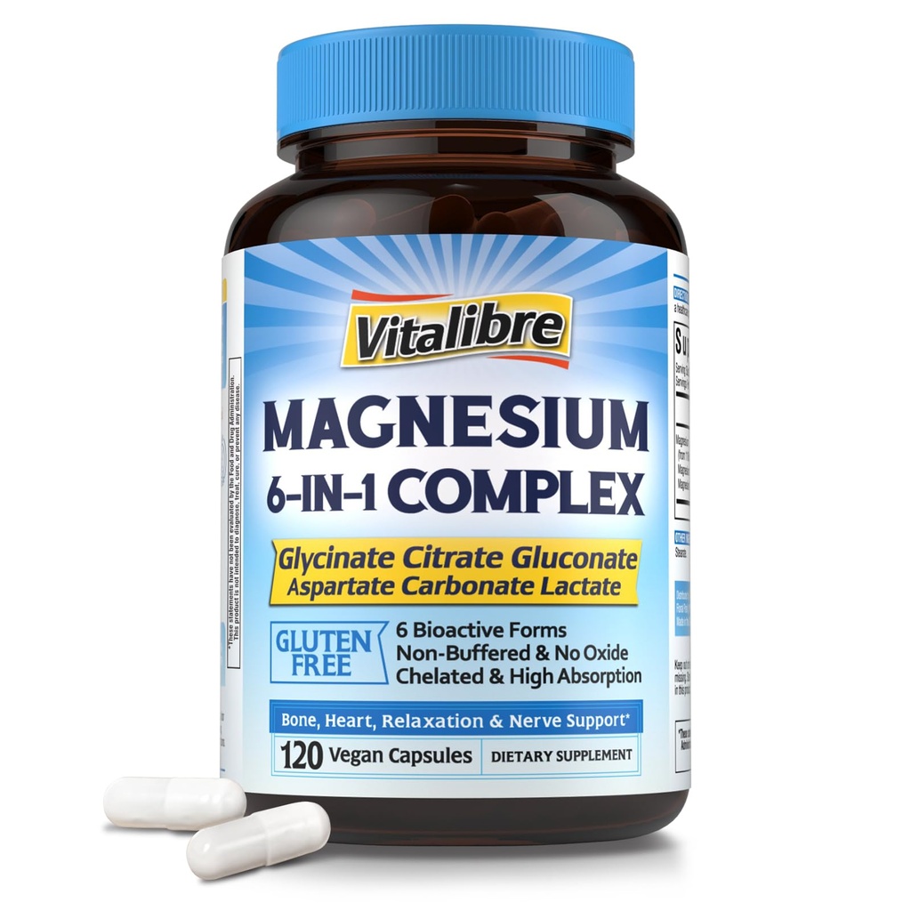 Magnesium Complex Supplement 6 in 1, 1160mg Chelat Magnesium für maximale Absorption, Hilfe mit besserem Schlaf, Entspannung & Nerve Calm, 120 Vegan Kapseln, Non GMO & Gluten kostenlos