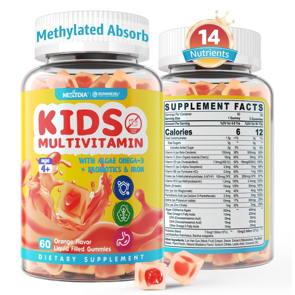 Bambini Multivitaminici con ferro, senza zucchero, bambini Vitamine giornaliere + Probiotici, Alghe Omega 3 (EPA/DHA), A, C, D, Methyl B12, Folate, B6, Zinco, Biotina, per la crescita sana, Supporto immunitario, 60 Conte