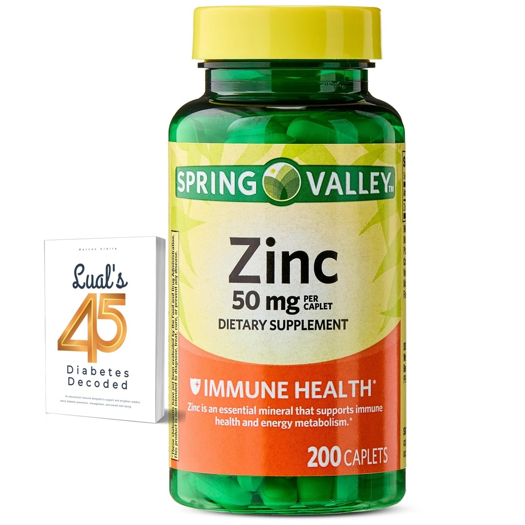 Spring Valley Zinc 50 mg, 200 Compte, Capettes de complément alimentaire pour la santé immunitaire, Suppléments immunitaires de zinc, ensemble avec 45 diabète décodé de Lual