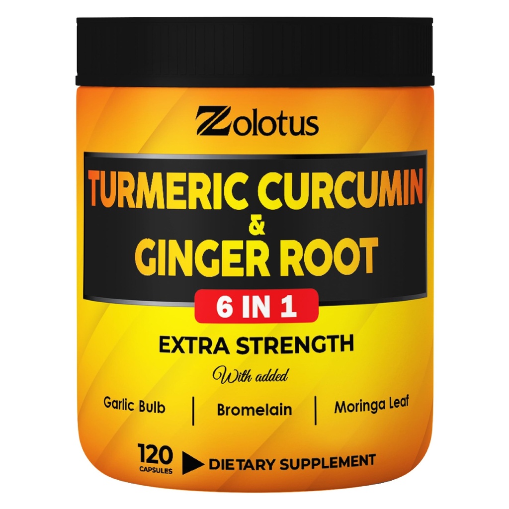 6 in 1 curcumina erboristica + capsule di zenzero, 95% curcuminoidi con zenzero, Bulbo di aglio, Bromelain, Moringa, Pepe nero - 120 capsule