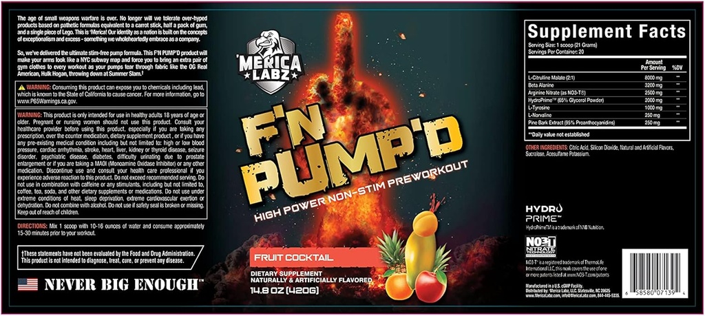 'Merica Labz F'N Pump'D Stimulant Free, Nitric Oxid,Fully Dosed, Pump PreWorkout Powder (20 Servierungen) (Fruit Cocktail)