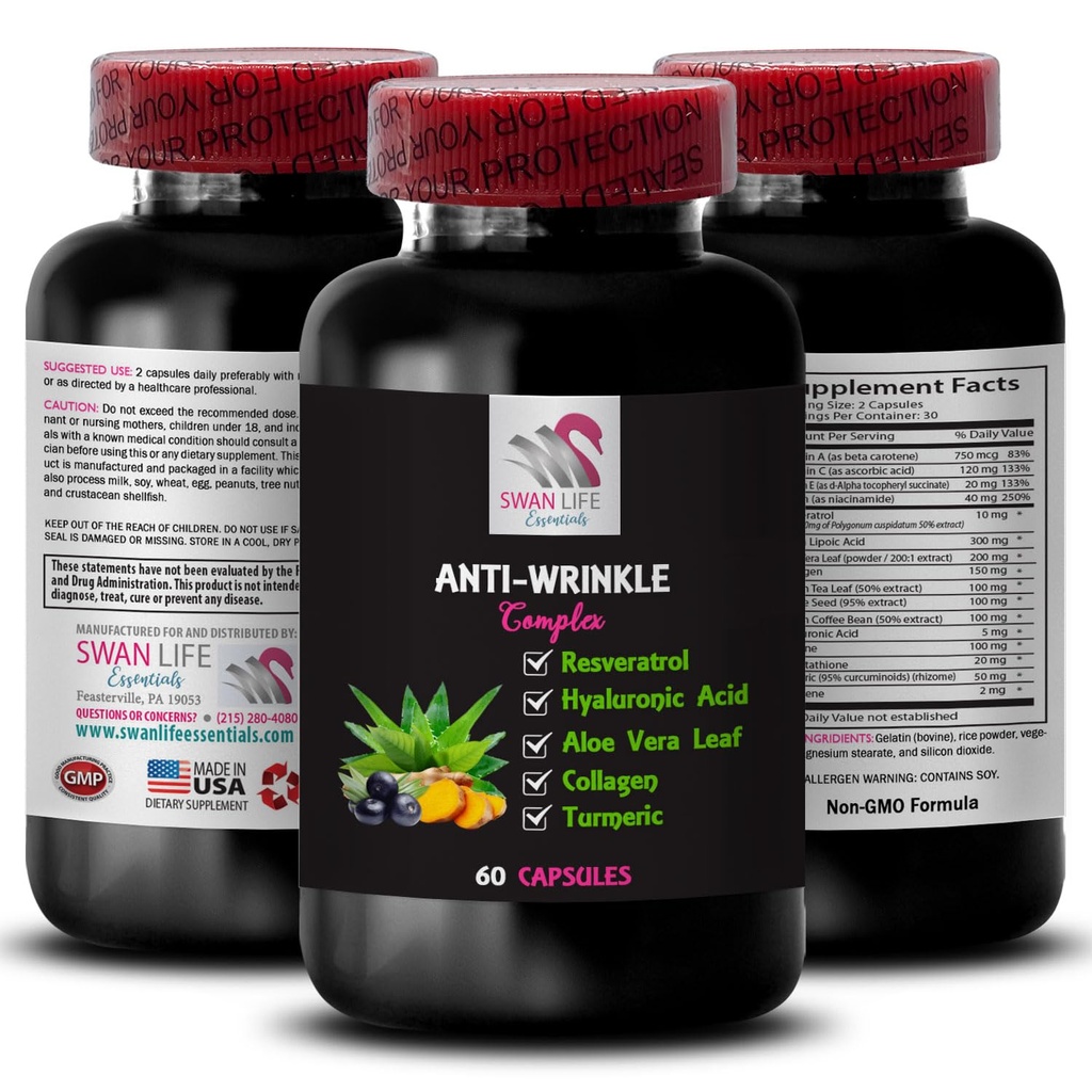 Restauro della gioventù - Complesso antirughe - Idratazione silenziosa, Moisturizer della pelle, Aloe Vera Benefits, Chicco di caffè verde, Estratto di curcuma, Idratazione compatta, Difesa della pelle, Glycine 1 Bottiglia 60 capsule