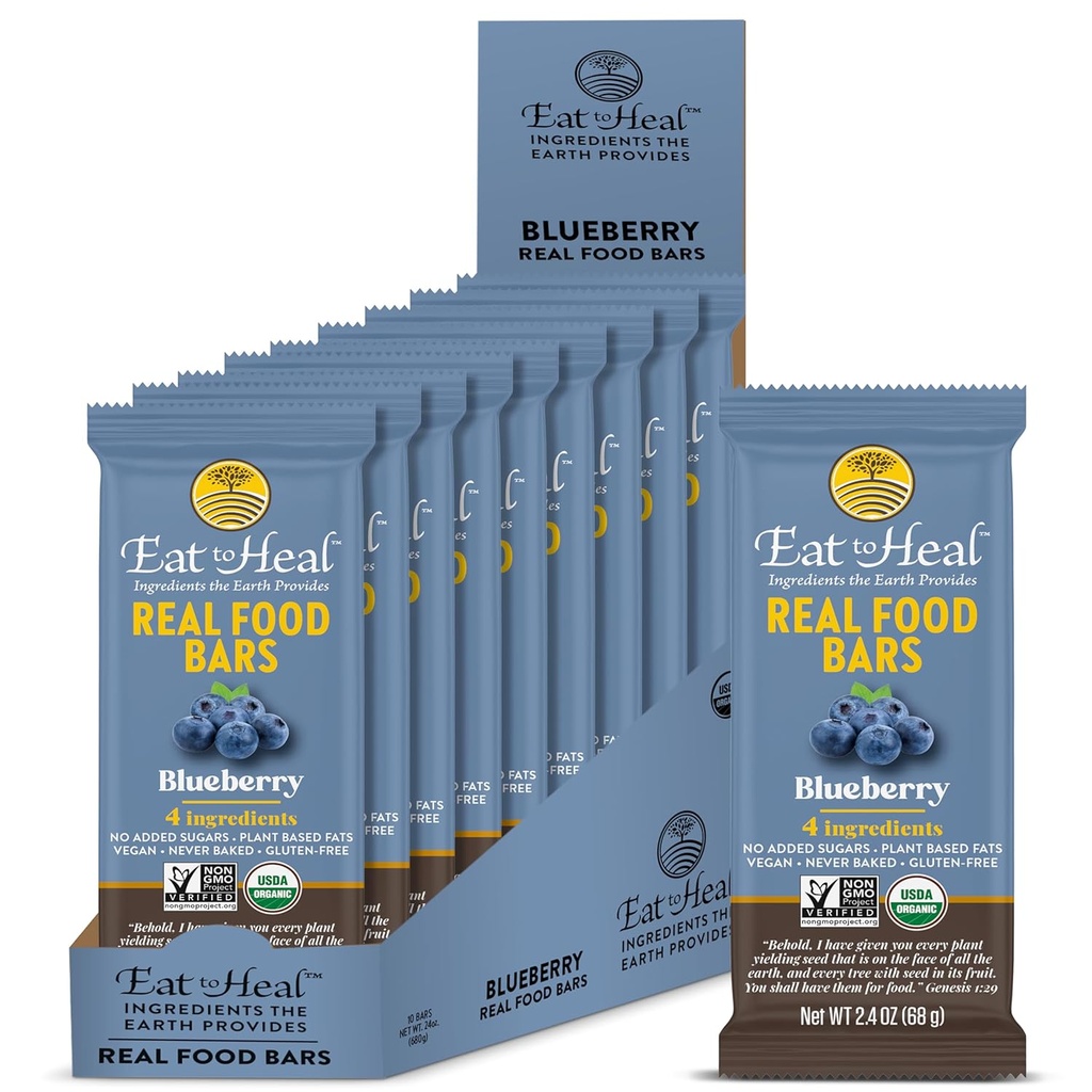 EatToHeal Blueberry Real Food Bar - Organic Protein Bars, Vegan Food, Healthy Gluten Free Protein Food - Low Sugar Protein Bars, Non OGM, Mai Baked, Plant Based Organic Snacks - Realizzato per godere