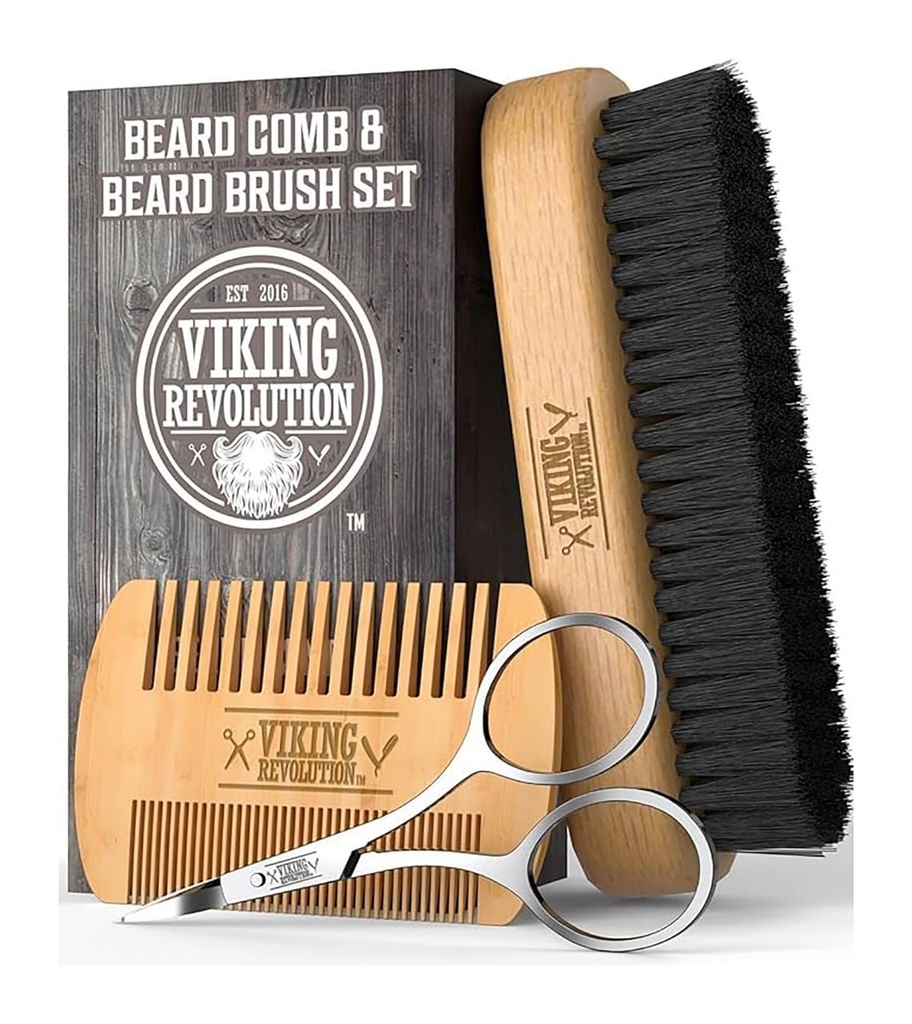 Viking Revolution Bart Comb & Bart Brush Set für Herren - Natürliche Boar Bristle Brush und Dual Action Pear Wood Comb w/Velvet Travel Pouch - Toll für Grooming Beards und Mustaches