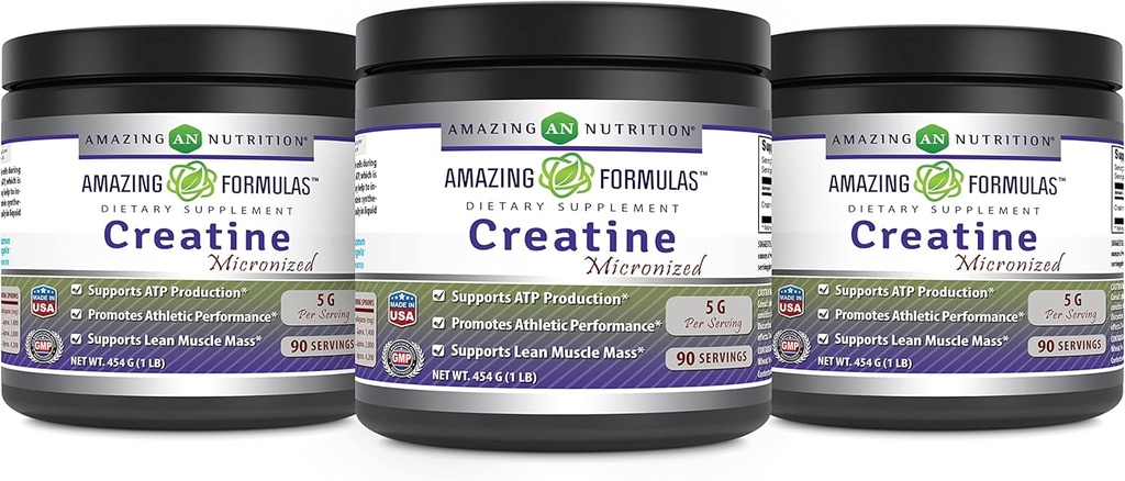 Formules étonnantes Supplément micronisé en monohydrate de créatine $ 5000 Mg $ Non-OGM $ Sans gluten $ Fabriqué aux États-Unis (1 Lb - 3 Pack, non aromatisé)