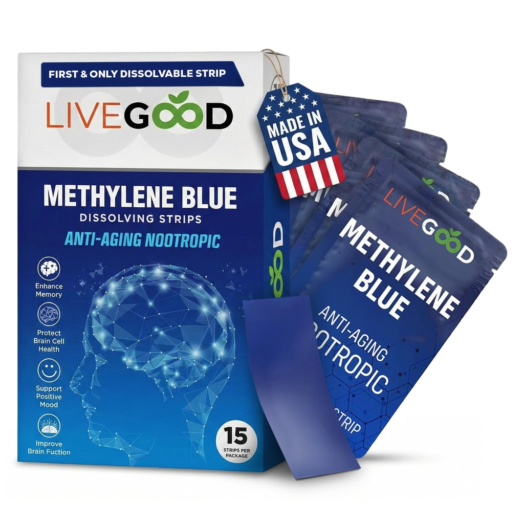 LIVEGOOD Methylen Blue – Methylen Blue für Mensch, Gehirn-Ergänzungen für Gedächtnis und Fokus, Clarity & Cognitive Energy, Nootropic Brain Support, Made in USA, 15 Oral Strips mit 20mg Jede