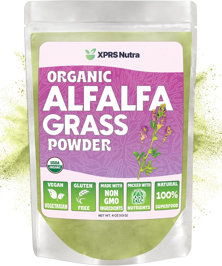 XPRS Nutra Organic Alfalfa Powder - Premium Vegan Supplement Rich in Calcio, Antiossidanti, Vitamine - Farmer Alfalfa Supplemento per bambini e adulti - Vegan Friendly Healthy Leaf (4 oncia)
