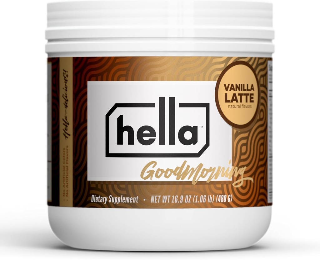 Hella Nutrition Goodmorning Caffè Alternativa Caffeina Naturale con Mushroom Coffee Substitute | Protein, Collagen, Vitamine B-12 & D, Elettroliti, & Minerali | Non OGM (20 Serve, Vanilla Latte)
