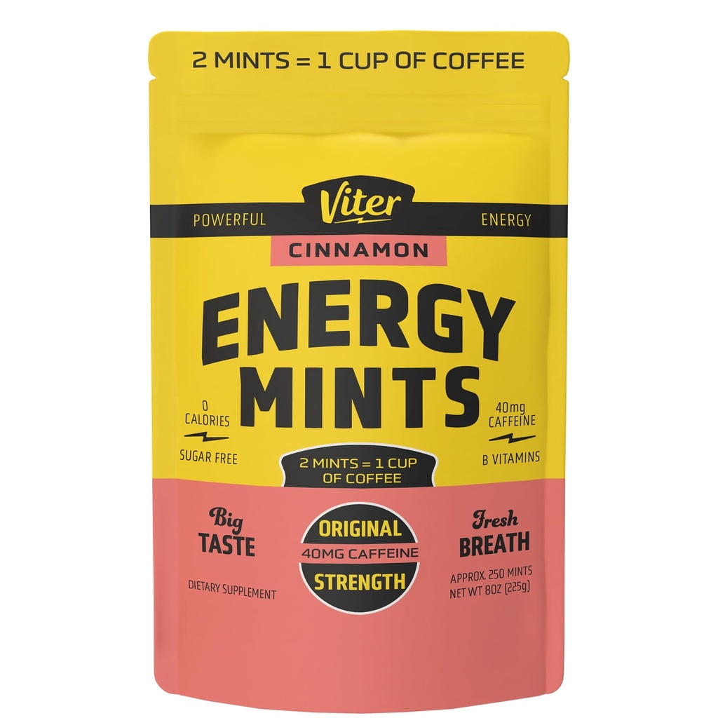 Viter Energy 40mg Koffein Minze - Zuckerfrei, B Vitamine, Vegan, Boosts Fast Energized Alert Focus, Koffeinierte Nootropic Ergänzung Pillen (Cinnamon Flavor, 8oz, Bulk Bag)