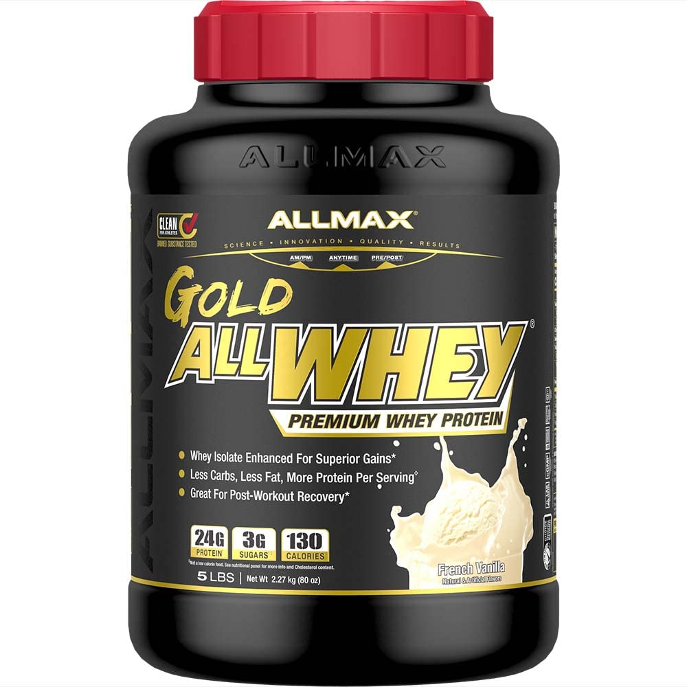 ALLMAX Nutrition Gold ALLWHEY, Französisch Vanille - 5 lb - 24 Gramm Protein Per Scoop - Glutenfrei, Low Carb & Low Sugar - ca. 71 Servietten