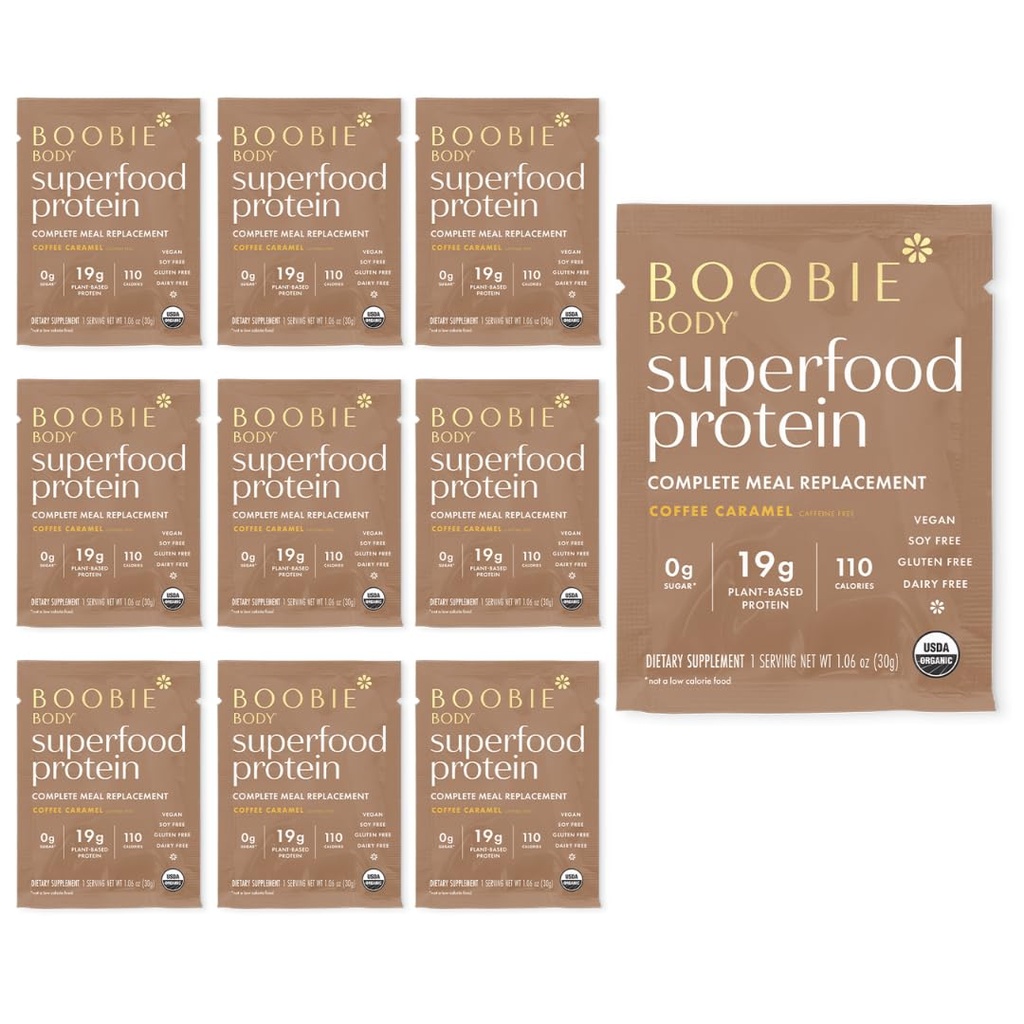 Boobie Corpo Superfood Proteine Meal Sostituzione Shake, Caffè Caramel Flavor | 19g Protein | Sicuro per la gravidanza, Lattazione, & maternità | Organico, Vegan, Zucchero Zero, 10 Single Serve Packets (1.06 oz ciascuno)