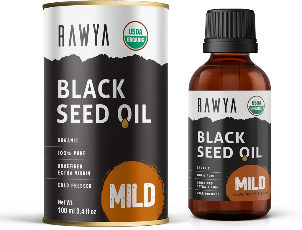 RAWYA Black Seed Oil - Kaltgepresst - Schwarz Cumin Seed - Premium Nigella Sativa - Omega 3 6 9 - Kalonji für Haut und gesundes Haar - Non-GMO, Gluten-Free - Wellness Oil - Mild Flavor - 3.4 Fl Oz