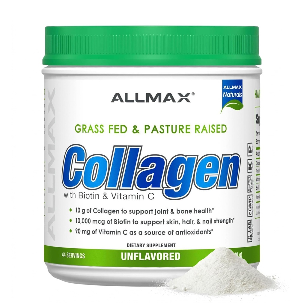 ALLMAX Nutrition Grass Fed & Pasture Raised Collagen con 10.000 mcg Biotin + 90 mg Vitamina C, Non aromatizzato, 15.5 oz (440 g)