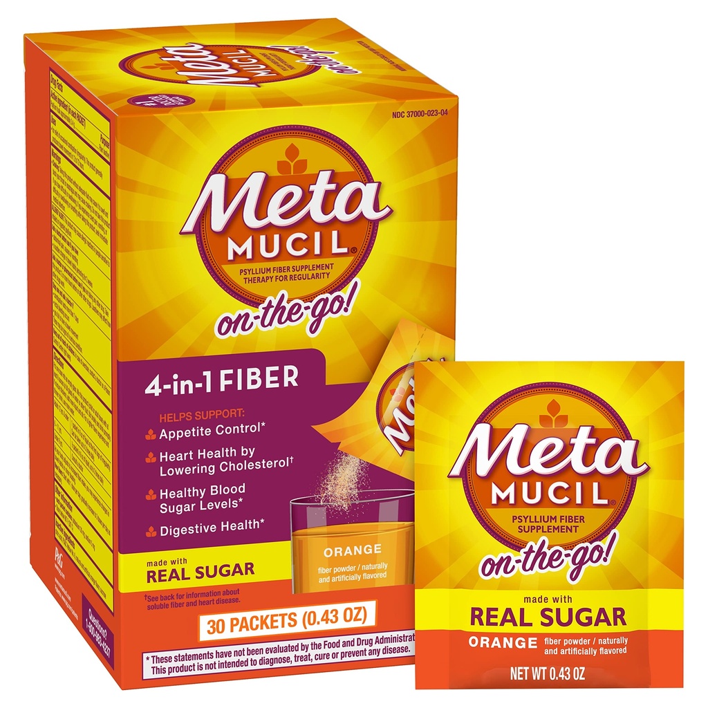 Metamucil On-the-Go, Tägliche Psyllium Husk Pulver-Ergänzung mit echtem Zucker, 4-in-1-Faser für Verdauungs-Gesundheit, Orange glattes Flavored Drink, 2 Packung x 30 zählt = 60 Packungen Gesamt