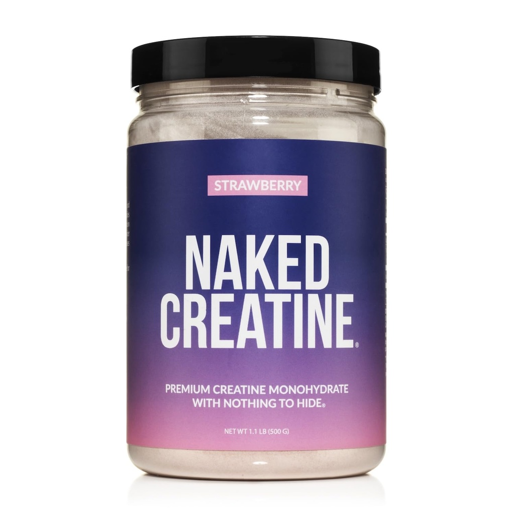 Creatina NAKED - Monoidrato di creatina aromatizzato alla fragola - Polvere di fragole reale, senza additivi, crescita del muscolo, vegano, non OGM, senza glutine, soia Free - 45 Serve