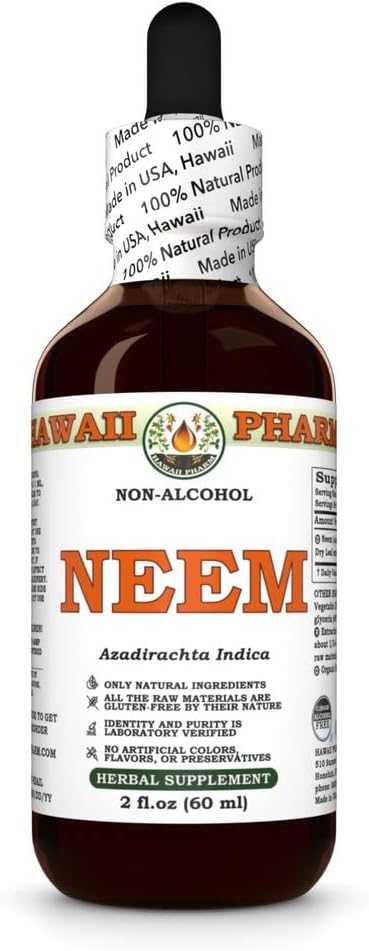 Neem Alcohol-Free Liquid Extract, Organic Neem (Azadirachta Indica) Getrocknete Blatt Glycerite natürliche Kräuterergänzung, Hawaii Pharm, USA 2 fl.oz