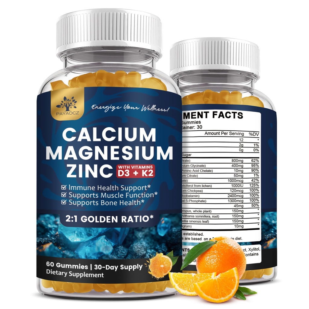 (2 Pack) Calcium Magnesium Zinc Gummies con Vitamina D3, K2, B12 & B6 per Adulti, Zucchero Gratuito Magnesio Glycinate con Integratore di Moss del Mare di Potassio, Citrato di Calcio per Bone Mood & Sleep Support