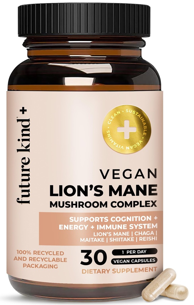Future Kind Vegan Lion’s Mane Mushroom Complex - Integratore del cervello con Chaga, Maitake, Shiitake, & Reishi, Supporta memoria e messa a fuoco (30ct)
