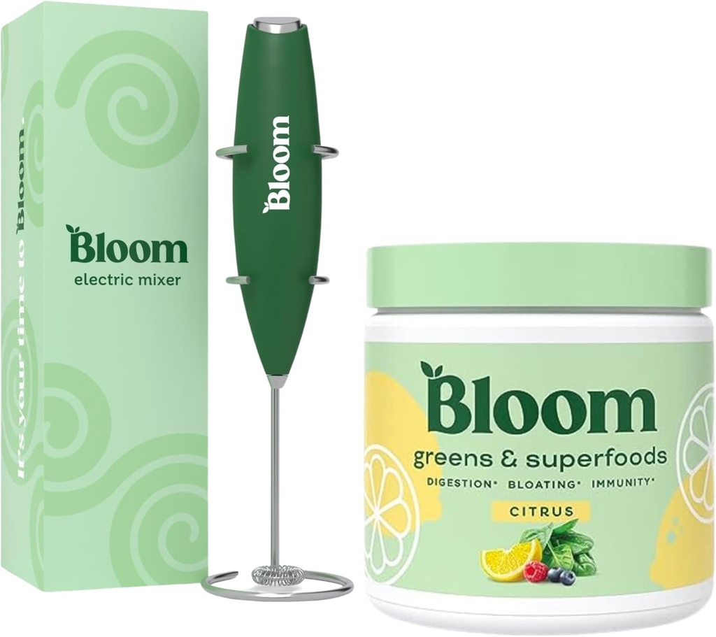 Bloom Nutrition Superfood Greens Poudre, Enzymes digestifs avec probiotiques et prébiotiques, Santé Gut, Bloating Relief, Citrus + Lait Frother Mélangeur à main haute puissance