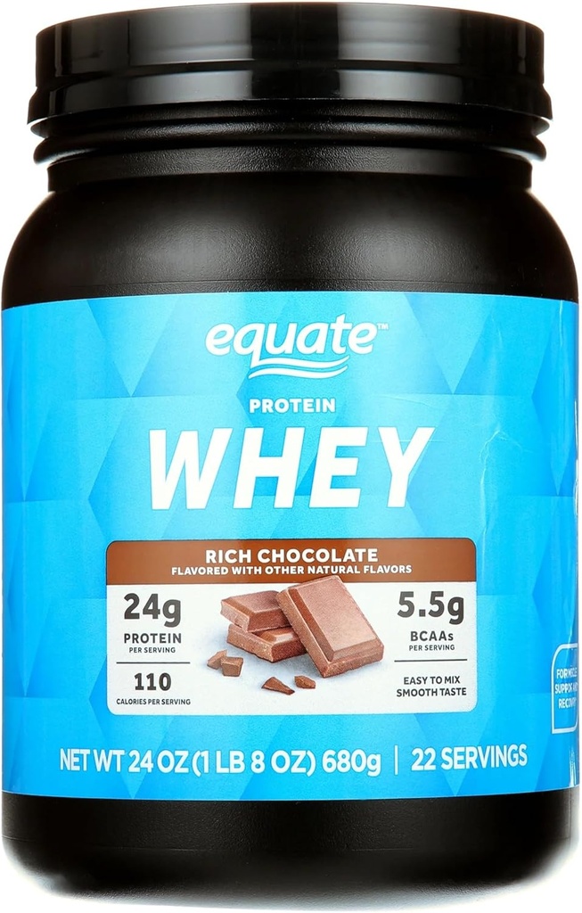 Equates Whey Protein Powder, Rich Chocolate, 24g Protein per Serving, 5.5g BCAAs, Whey Isolate Blend, 22 Servierungen, Glatte & Delicious, Unisex, Muskel-Recovery Supplement, 1,5 lbs