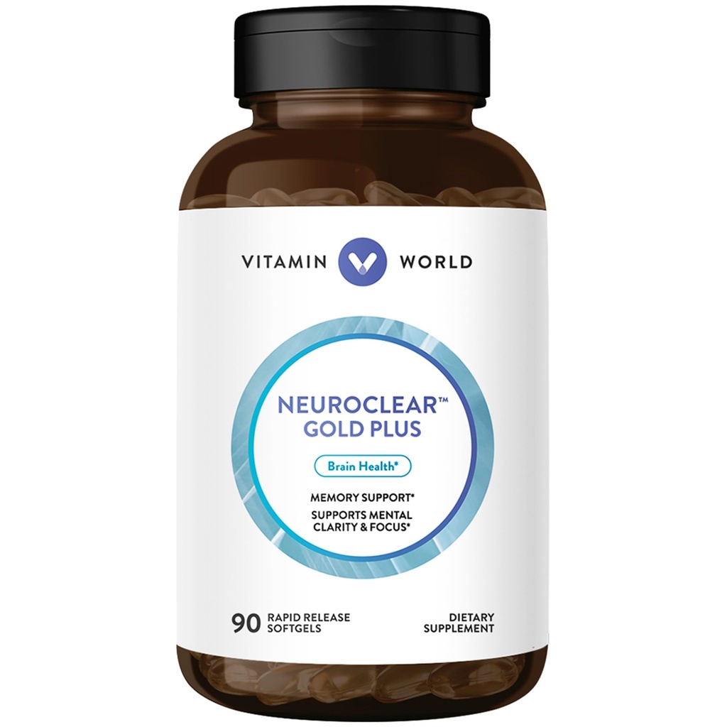Vitamina Mondo NeuroClear Gold Plus 90 Softgels, Phosphatidylserine, DHA, Ginkgo Biloba, Supporti cervello e messa a fuoco mentale, Rapid-Release, Gluten Free