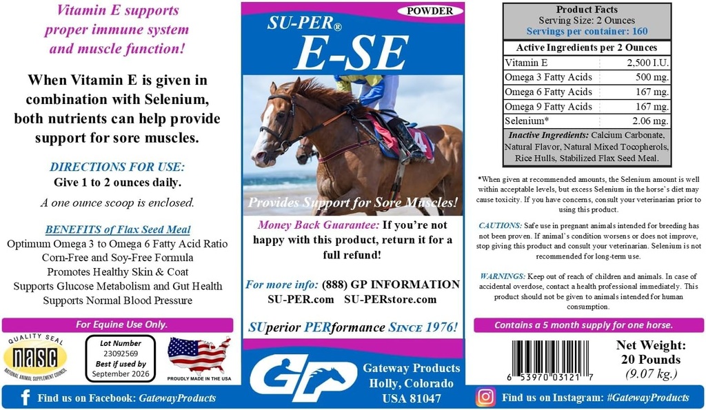 SUPER E-Se Horses Supplément antioxydant - Vitamine E & Sélénium pour le soutien des muscles douloureux - 20 livres