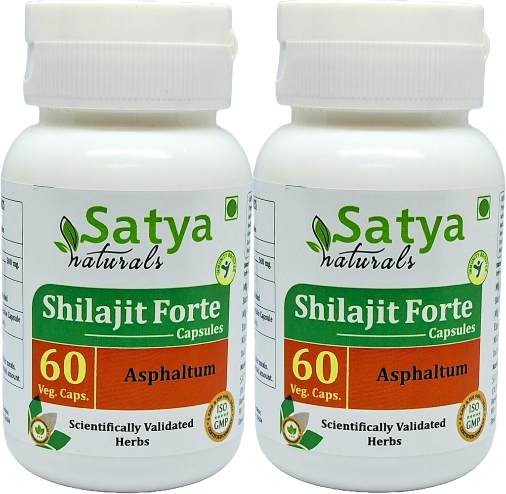 Shilajit Forte Kapseln 500 mg. 60 Veg. Kapsel | Shilajit (Asphaltum) Extrakt Kapseln für Männer und Frauen | Ayurvedische Kräuterergänzung / Heilmittel | 10:1 Forte (2 Flaschen von 60 Kapseln)