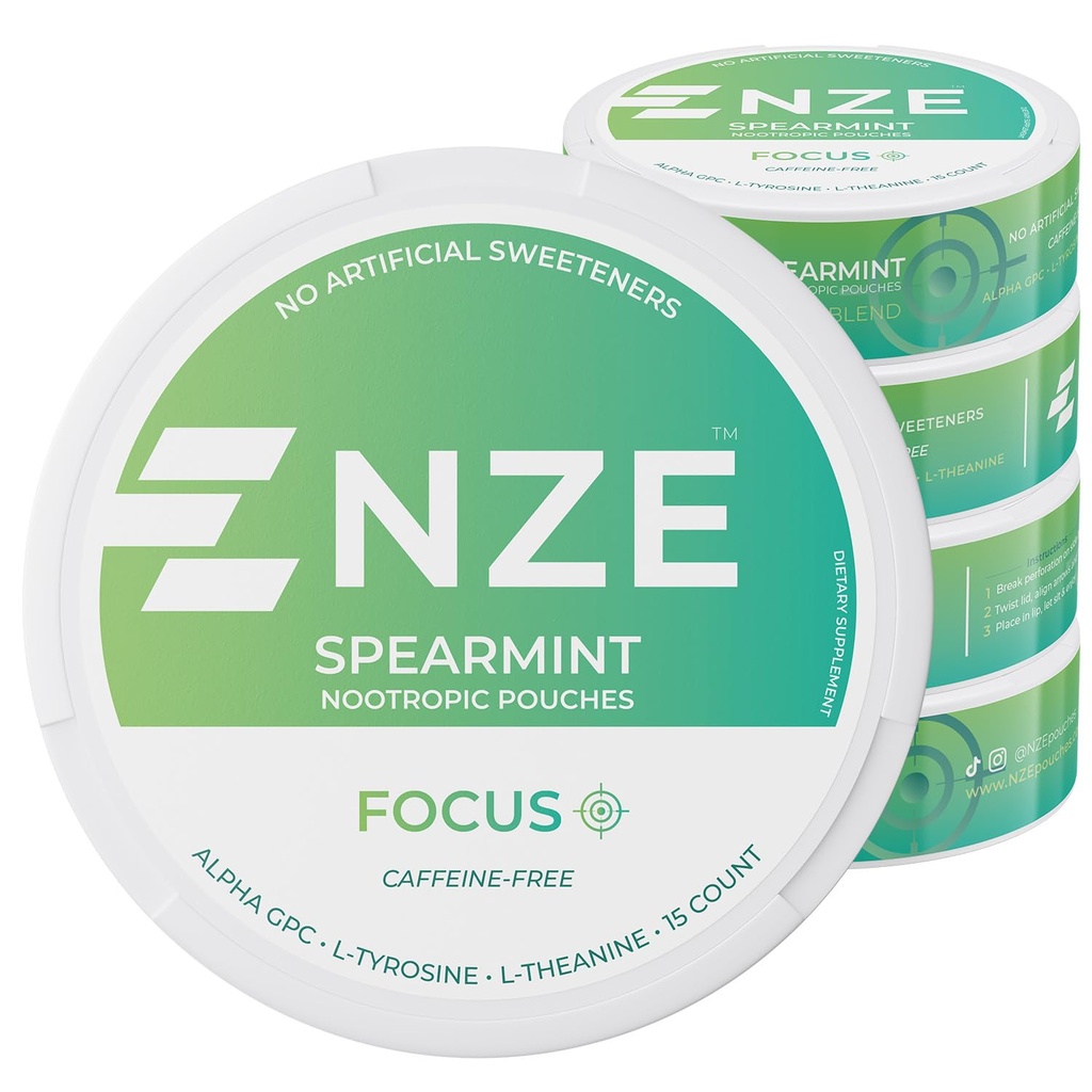 Pochettes Nootropiques libres de caféine NZE (spearmint) - Pochettes Nootropiques avec Alpha GPC, L-Tyrosine et L-Theanine - Pas de sucre ou d'édulcorants artificiels - 15 Pochettes Sans Nicotine par boîte - 5 Pack