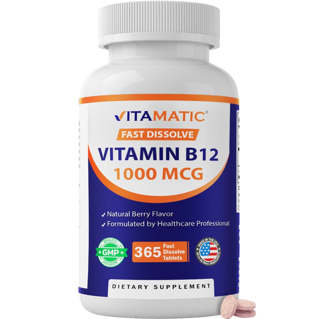 Vitamatic Vitamin B12 1000 mcg Fast Dissolve – 365 Tabletten – Natürliche Berry Flavor – Unterstützt Energiemetabolismus & Nervous System Health