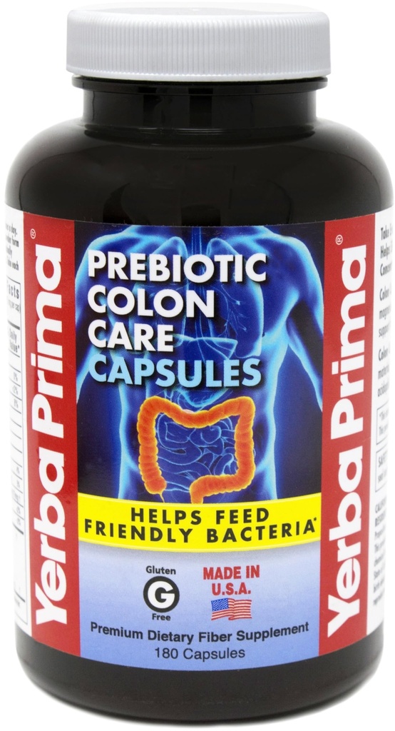 Yerba Prima Prebiotics Colon Care Fiber Caps, 180 Capsules - Five Forms of Fiber Plus FOS Pre-biotics - Dietary Health Supplement - Healthy Soluble & Insoluble Fibers for Regularity