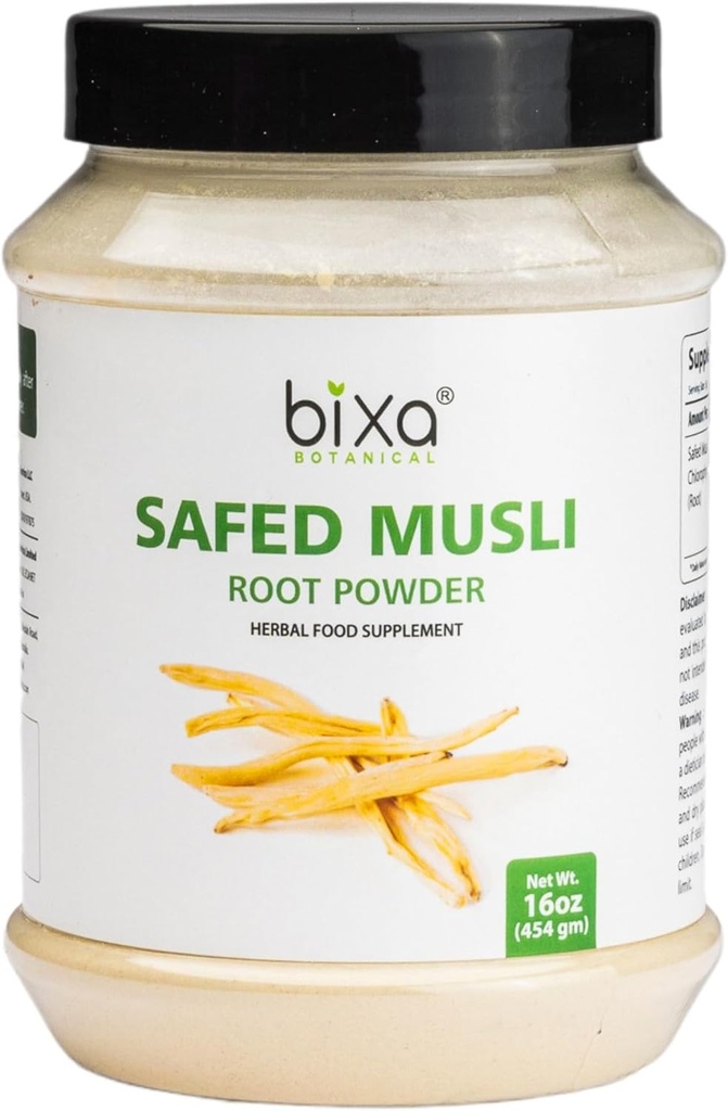 bixa BOTANICAL Ayurvedic Natürliche Kräuterergänzung Sicheres Musli Pulver reine Authentic Premium-Qualität | Glutenfrei, Non-GMO, Dampf Sterlisiert, Vegan (16 Unze (Pack von 1), Safed Musli Pulver)