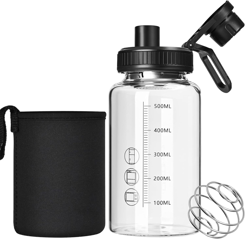 Glas Shaker Bottle,22oz BPA-Kostenlose Shaker Bottle mit 304 Edelstahlkugel und abnehmbare Reinigungsbürste für Fitness-Proteinmischungen(1Pack)