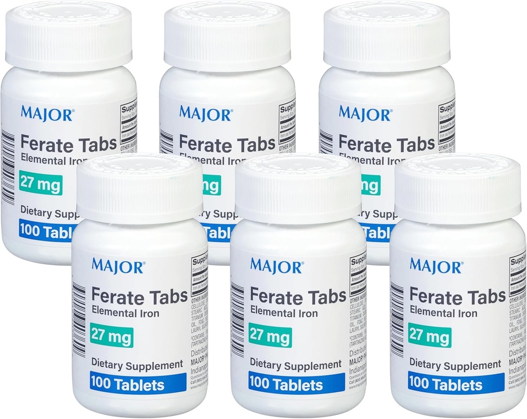 Major 27 mg Ferate Tabs - Eisen Gluconate Elemental Eisen Nahrungsergänzung - 100 Count (6 Pack)