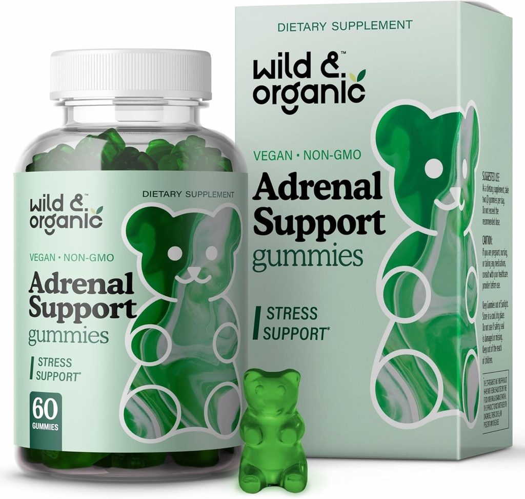 Gummies de soutien adrénal sauvage et biologique - Suppléments de soutien adrénal pur pour les femmes et les hommes avec racine d'Ashwagandha et Rhodiola Rosea - 60 Pectines-Based Chews