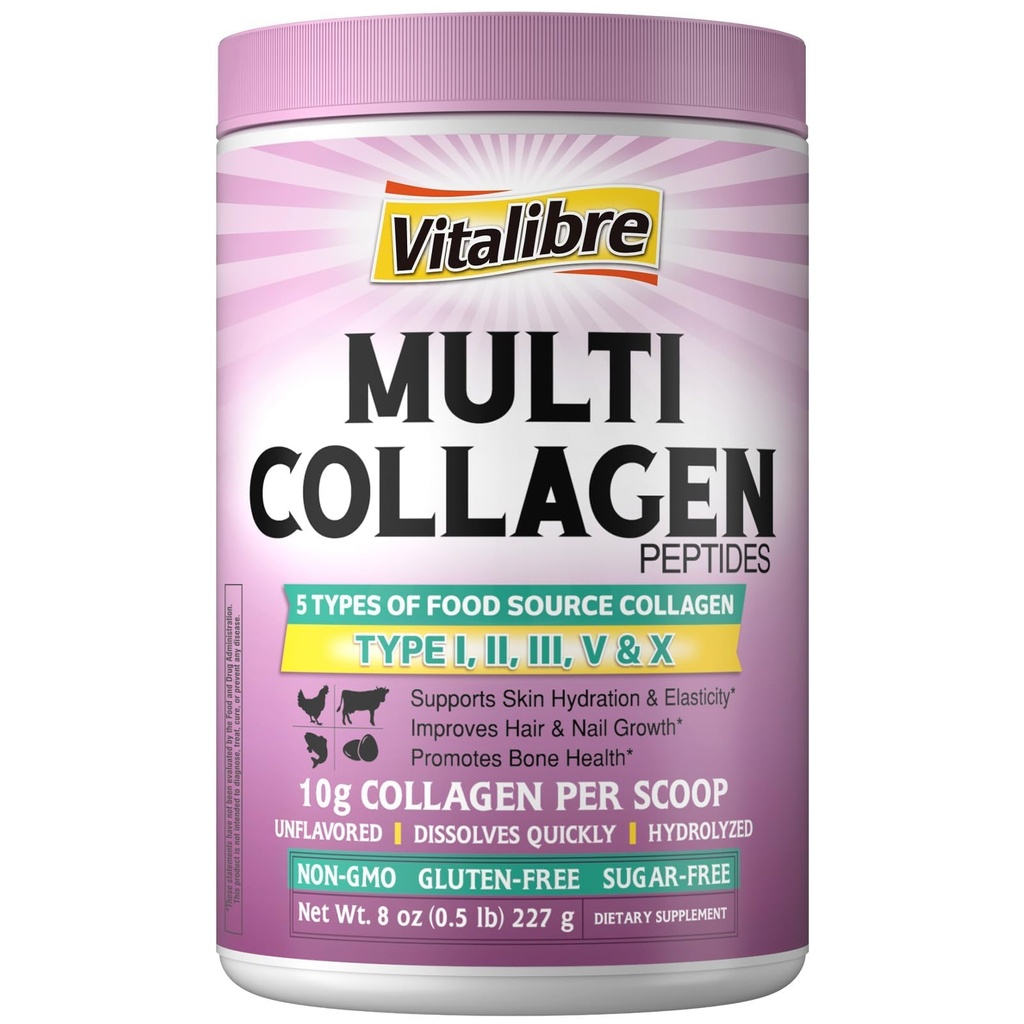 Multi Collagen Peptide Pulver Typ I II III V X, hydrolysiertes Kollagenprotein für Frauen und Männer, Haut, Haar, Nägel, Unflavored, Non-GMO, Keto & GF, Zero Sugar, 22 Servierungen, 8oz