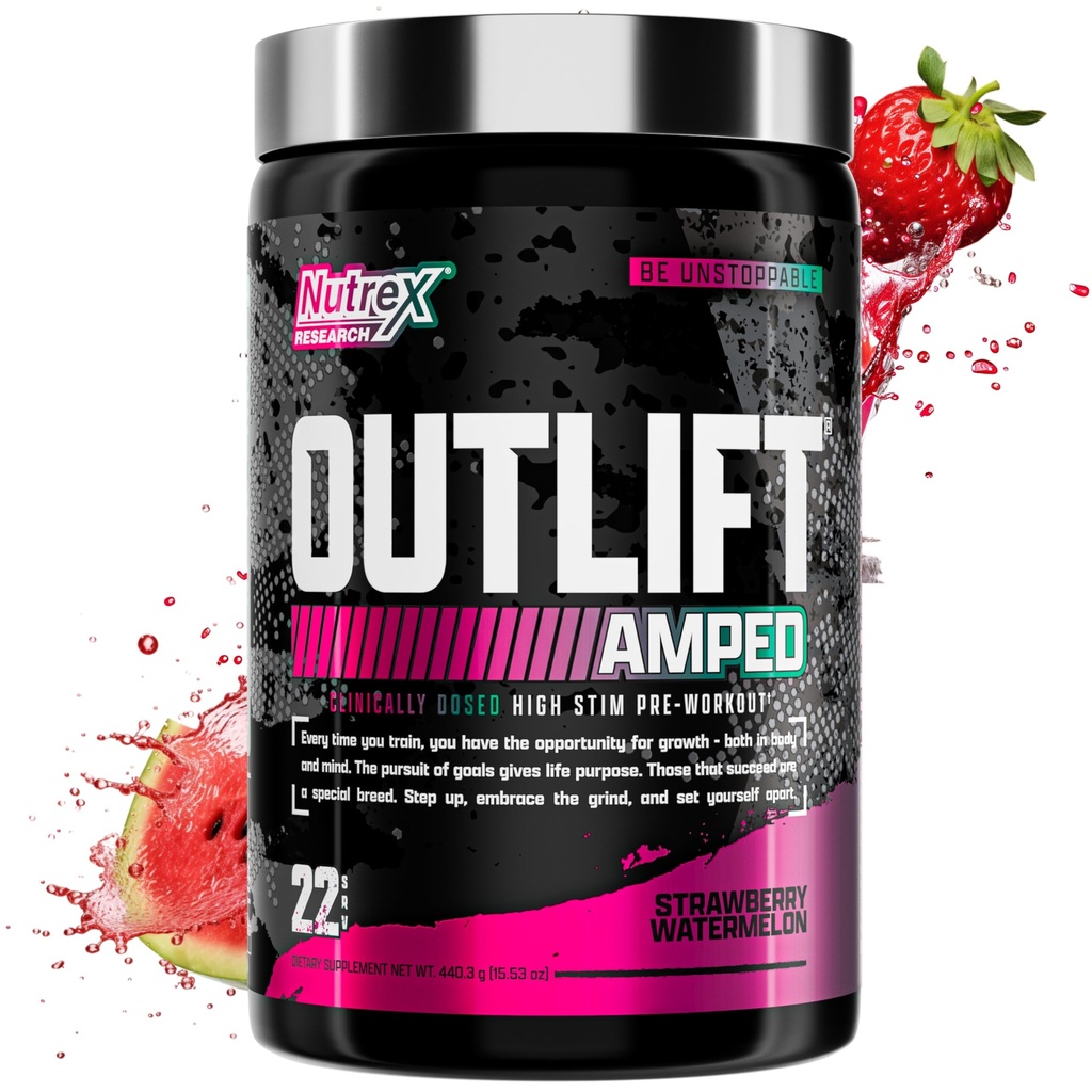 OUTLIFT Amped Max Dosed HIGH STIM Pre Workout Powder 6G Citrulline, 3.2G Beta Alanine, Alpha GPC, CognatiQ, Extreme Energy, Massive Pumps, Elektrolyte (Strawberry Watermelon, 22 Servietten)