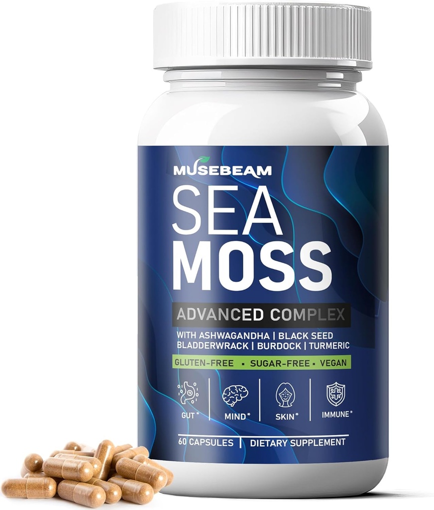Irish Sea Moss 6000mg - 2000mg Black Seed Oil Ashwagandha Burdock Root Ginger Capsule - Advanced Seamoss Vitamin Multi Mineral Complex Supplement Pills for Men Women