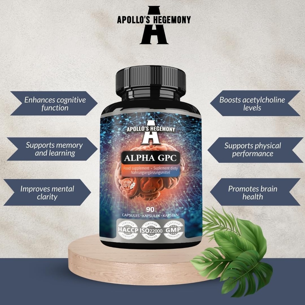APOLLO'S HEGEMONY Alpha-GPC 600mg per Dose Giornaliera - 90 Vegan Choline Capsules - 99% Choline Alfoscerate Integratore alimentare - Lipid Choline - Memory and Concentration Capsules