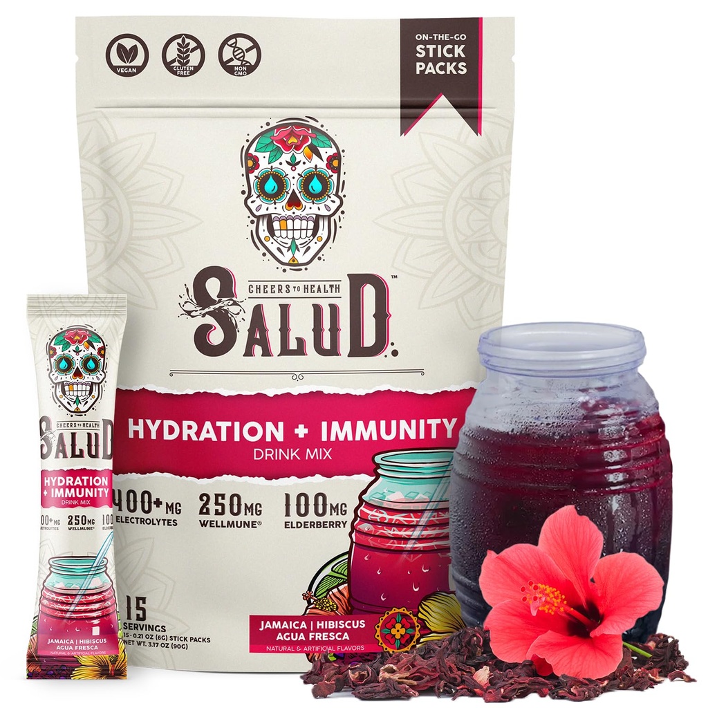 Salud 2-in-1 Idratazione Packets + Immunity Electrolytes Powder, Hibiscus - Jamaica Agua Fresca Drink Mix, Elderberry, Dairy & Soy Free, Non-GMO, Gluten Free, Vegan, Calorie bassa, 1g Zucchero (15 Serve)