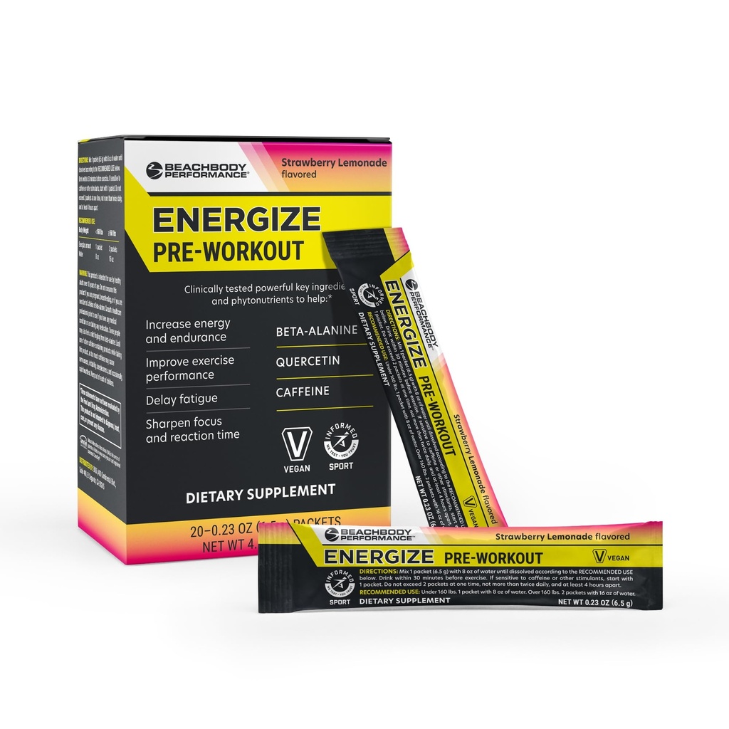 BODi Energize Pre Workout Powder - Beta-Alanin, Quercetin & Low-Dose Caffeine Formel für Enhanced Energy & Focus, Erhöhen Sie Energie & Endurance Supplement, Erdbeer-Lemonade Flavored, 20 Sticks