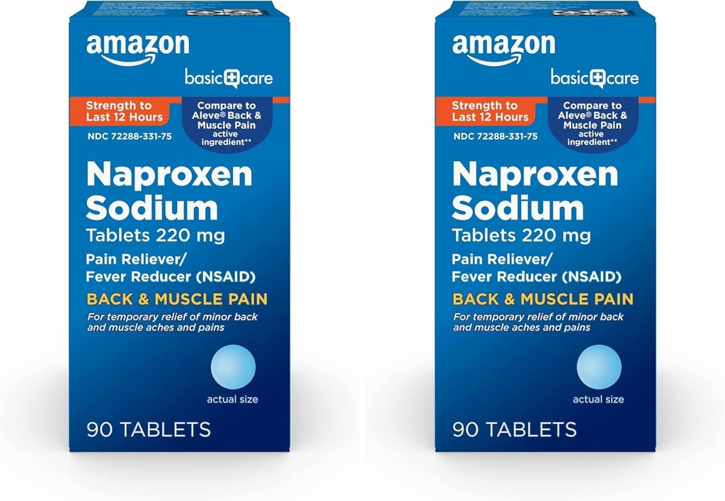 Grundpflege Rücken- und Muskelschmerzen, Naproxen-Natrium-Tabletten 220 mg, Schmerzrelief und Fever Reducer, für Rückenschmerzen, Muskeln, Minor Arthritis Schmerzen, Kopfschmerzen und mehr, 90 Count (Pack von 2)
