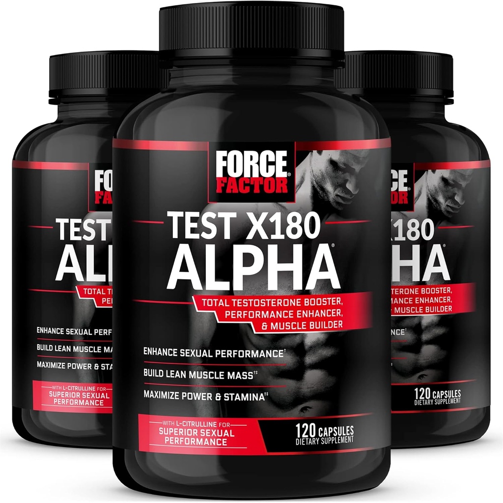 Test de facteur de force X180 Alpha, booster de testostérone pour les hommes, supplément de testostérone avec L-Citrulline pour aider à construire le muscle et la force, booster l'oxyde nitrique pour la performance, 120 Compte (paquet de 3)