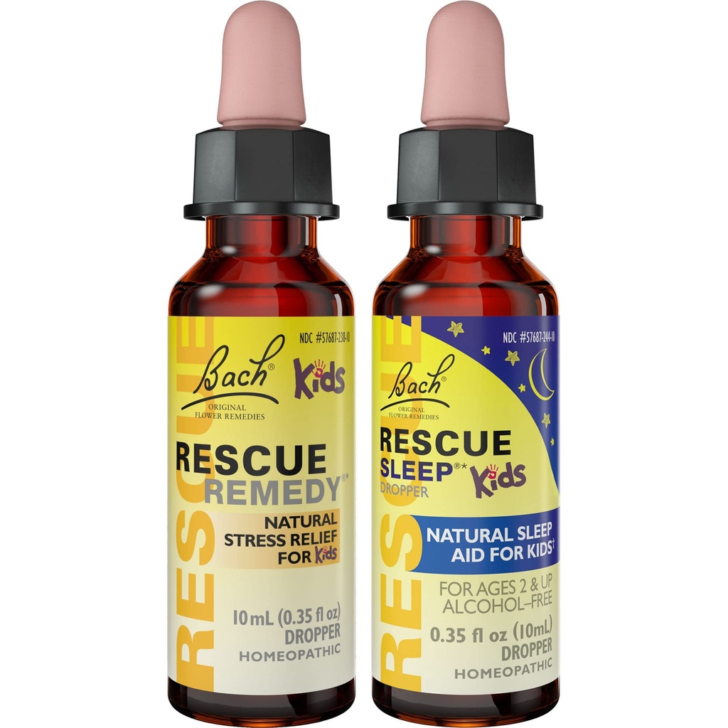 Kids Day & Night Bundle, Bach RESCUE Remedy Kids Dropper [and] RESCUE Sleep Kids Dropper- 2-Pk, Stress Relief & Sleep Support with Natural Flower Essences, homéopathique, Non-Alcohol Formula, 10mL Ea