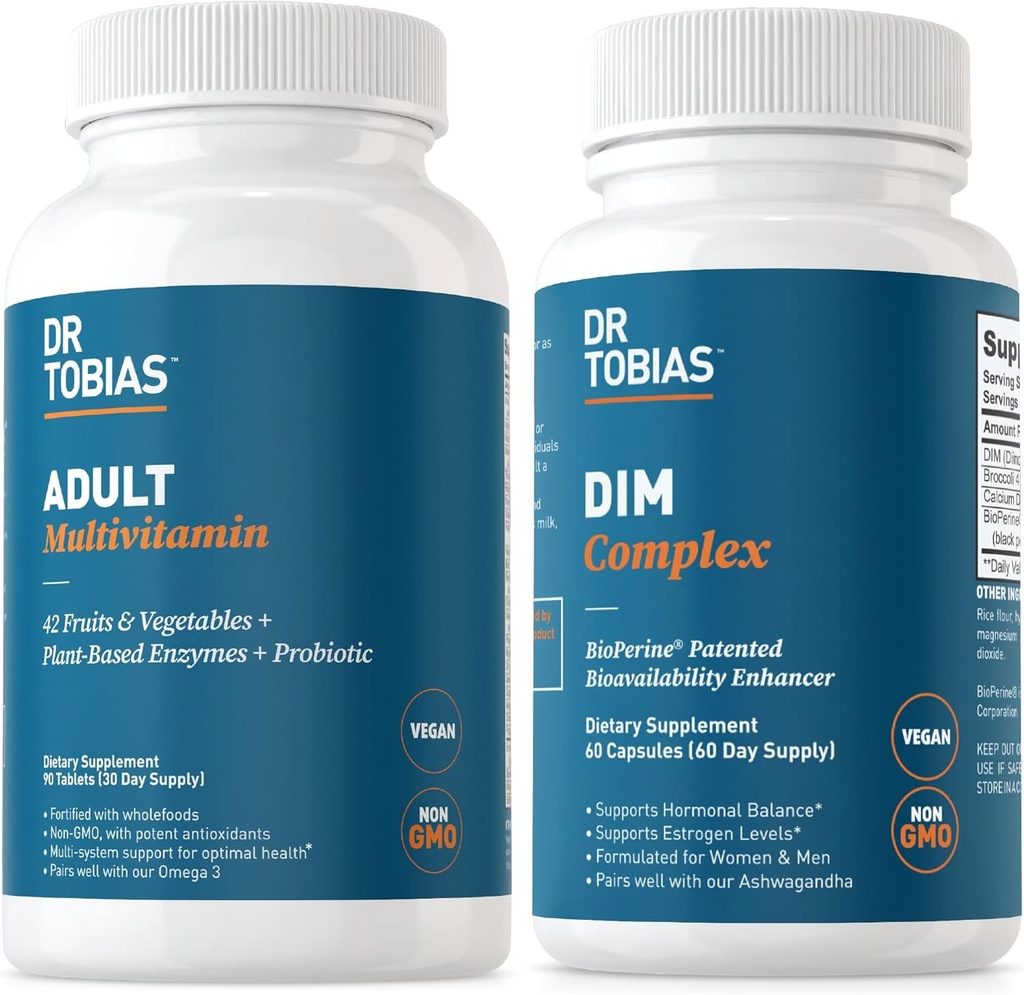 Dr. Tobias Adult Multivitamin & DIM Complex, Supporta energia, Equilibrio Immune e Ormone per Uomini e Donne con 42 Frutta & Verdura, BioPerine, Broccoli Extract & Calcium, Non OGM