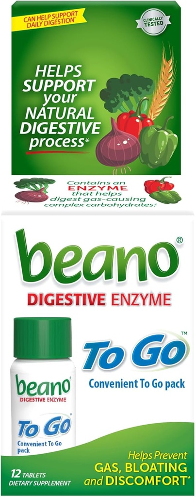 beano To Go Gas Prevention, complément alimentaire enzymatique, aide à digérer les aliments à teneur en gaz, 12 comprimés