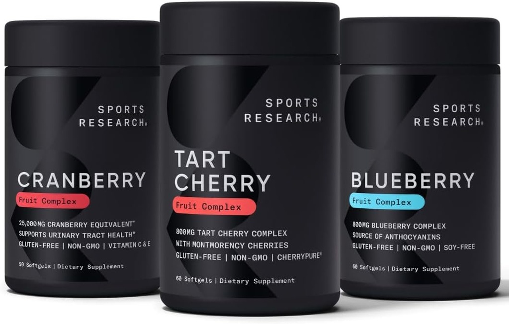 Recherche sportive Tart Cherry Concentrate (des cerises à tart de Montmorency), Cranberry Fruit Complex (avec Pacran & Vitamines C & E) et Fruit entier Blueberry Concentrate (des bleuets biologiques)