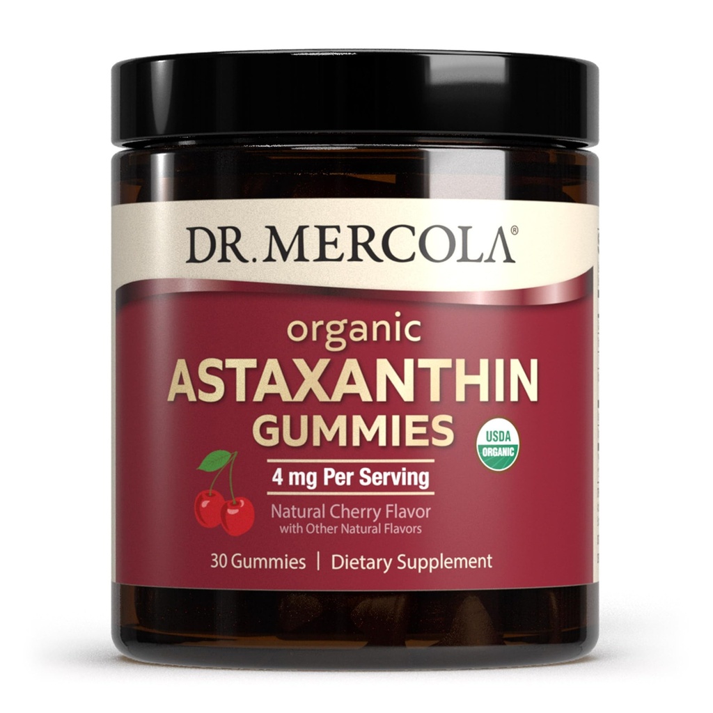 Dr. Mercola Astaxanthine biologique Gommies, 30 portions (30 portions), 4 mg par portion, complément alimentaire, antioxydant et soutien immunitaire, biologique certifié, non-OGM
