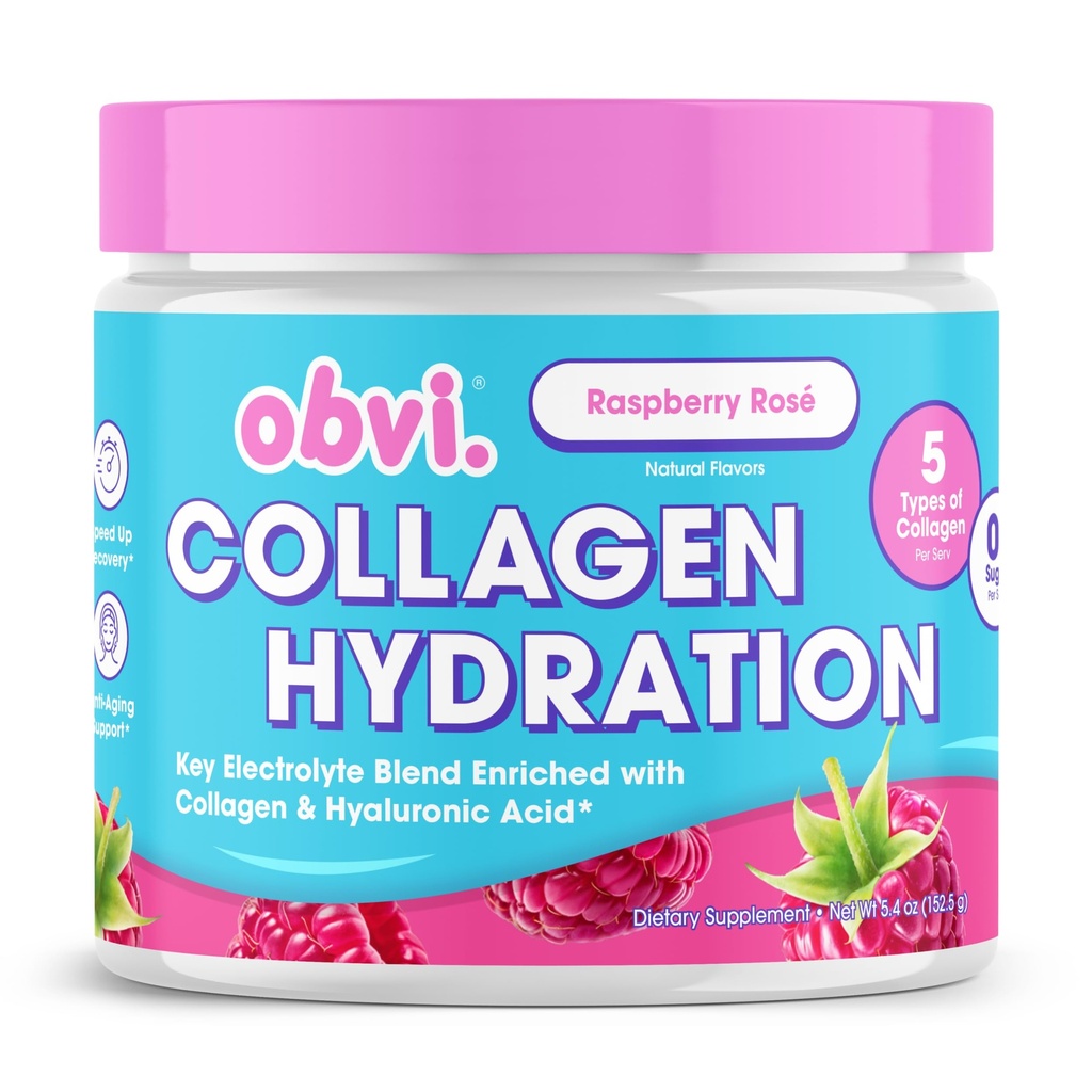 Obvi Hydration Powder | Electrolyte & Collagen Peptide Complex | 5 tipi di collagene con acido ialuronico | Supporta elasticità della pelle & Joint Health | Sugar-Free | Raspberry Rose, 30 Serve