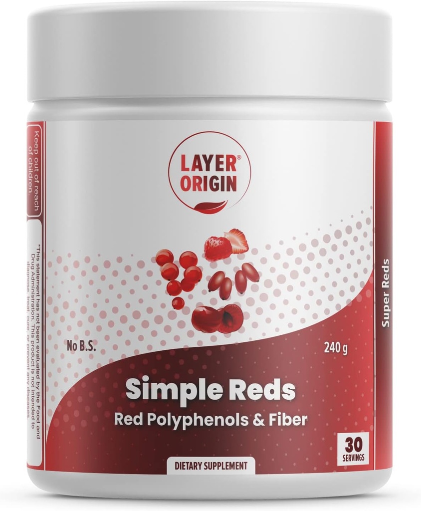 Layer Origin Reds Semplice - Polvere di frutta di polifenoli rossi organici | Cinque frutta completa rossa reale | 30 Serve
